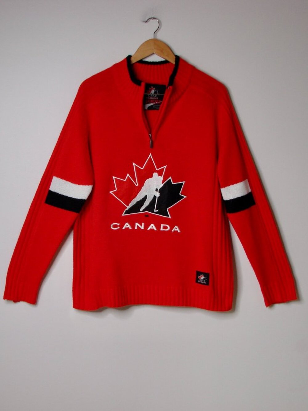 Hockey Canada Quarter Zip Sweater Red Black Vintage 90s Sogo Sports Large XL